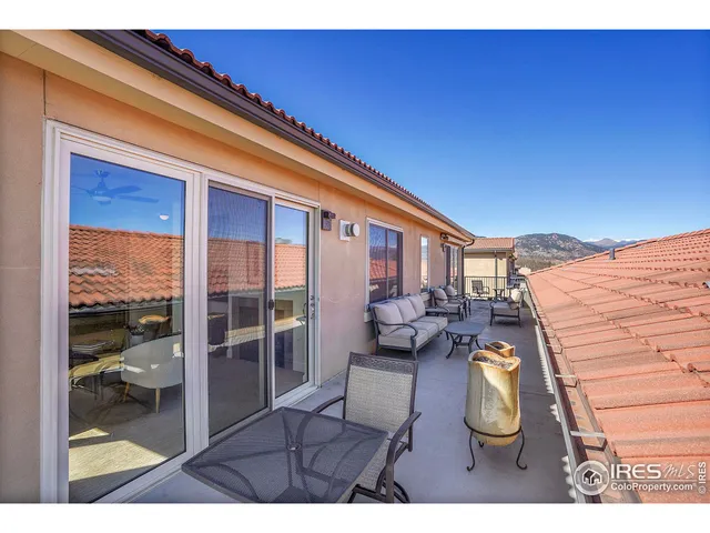 a view of a terrace with a mountain