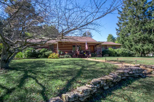 a view of a house with a big yard potted plants and large tree