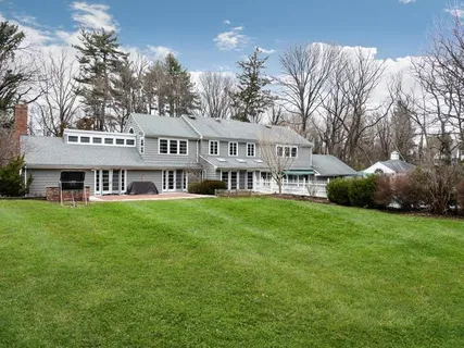 a view of a house with a big yard potted plants and large tree