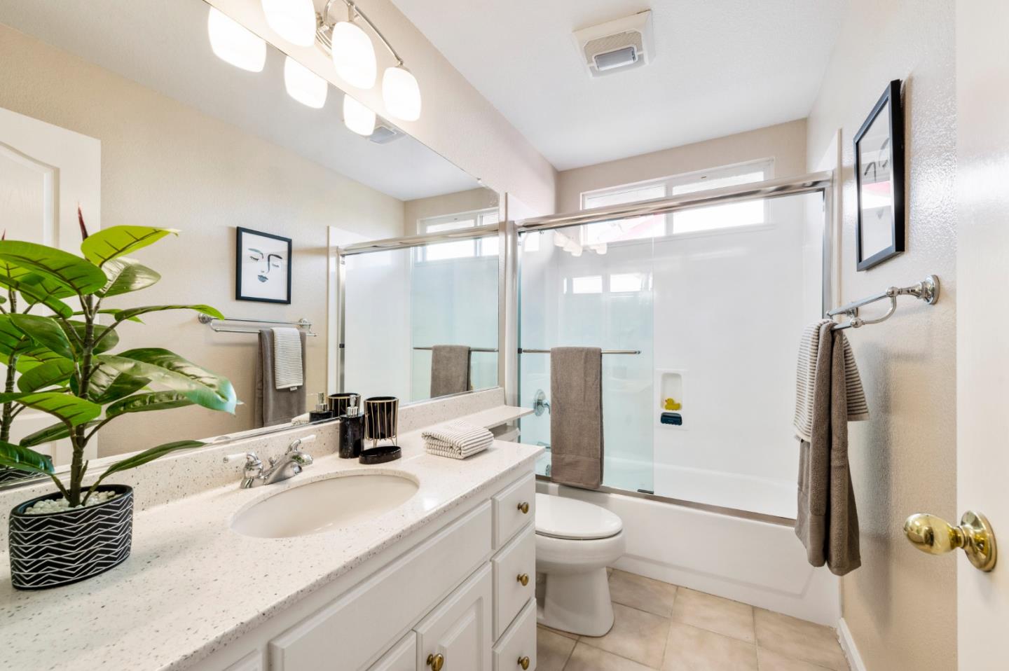274 Primrose Drive San Jose, CA 95123 - Photo 22 of 30 a bathroom with a granite countertop sink a toilet a mirror and shower