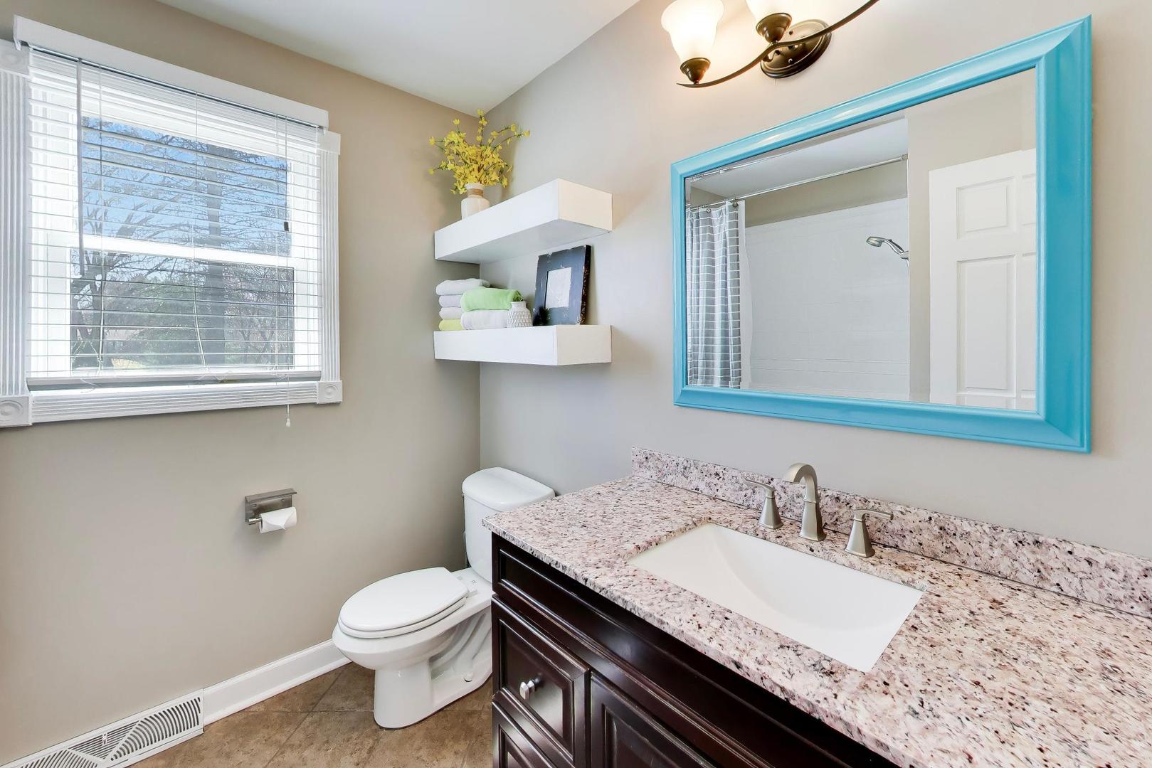 44 Swift Lane Naperville, IL 60565 - Photo 20 of 37 a bathroom with a granite countertop sink vanity mirror and toilet