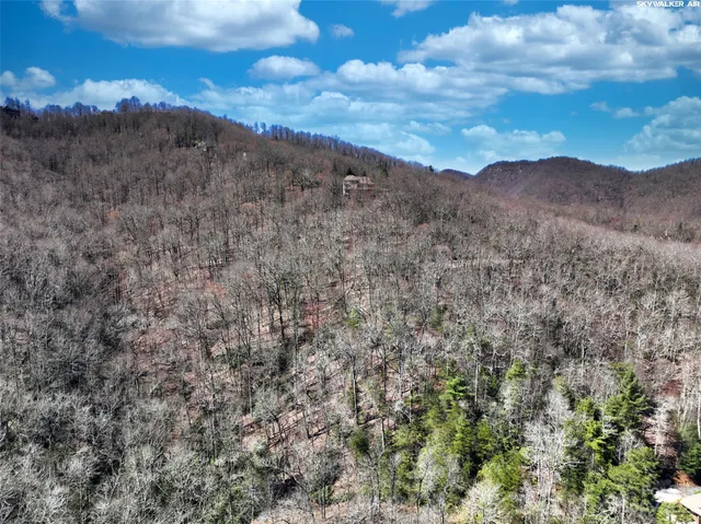 a view of a dry field with mountains in the background