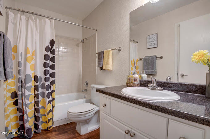 10002 North 7th Street, Unit B1 Phoenix, AZ 85020 - Photo 7 of 11 a bathroom with a sink a toilet and shower curtain