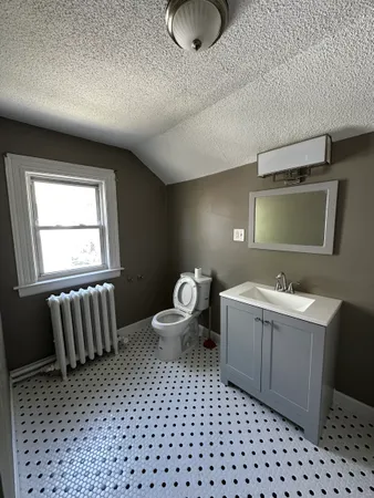a bathroom with a sink toilet a mirror and window