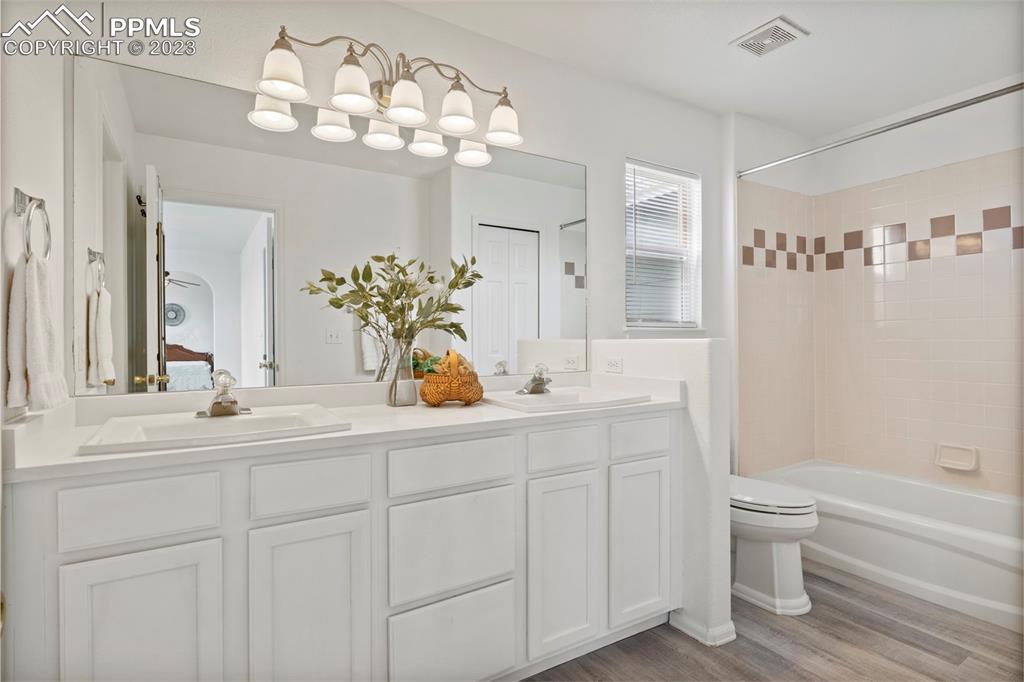 11916 Bonifay Loop Peyton, CO 80831 - Photo 22 of 42 a bathroom with a sink a toilet and a large mirror