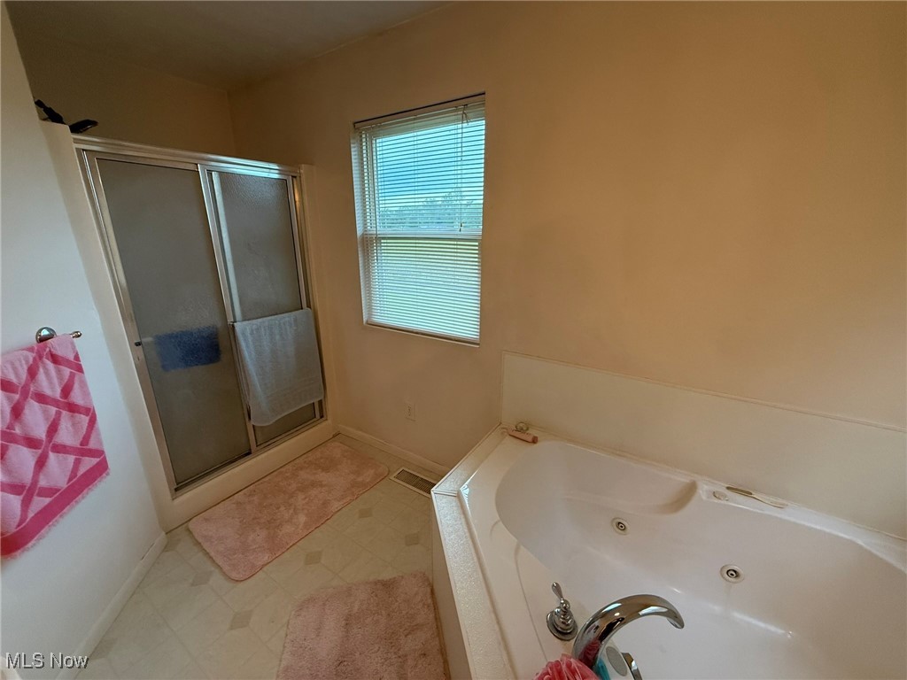 6920 Riverside Road Southeast Gnadenhutten, OH 44629 - Photo 21 of 41 Bathroom featuring a shower stall, a whirlpool tub, and baseboards