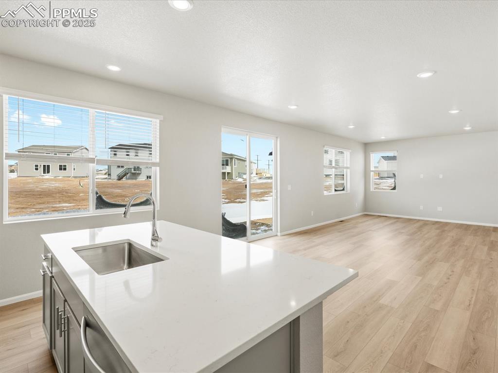 10636 Waterloo Drive Peyton, CO 80831 - Photo 8 of 36 Kitchen featuring light wood-style flooring, a sink, recessed lighting, light countertops, and baseboards