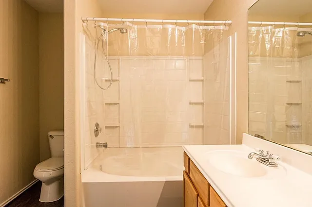 a view of a backyard with large trees and wooden fence