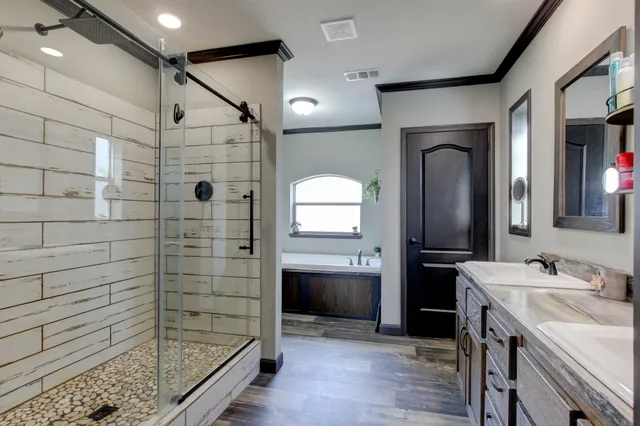 a bathroom with a shower and a sink