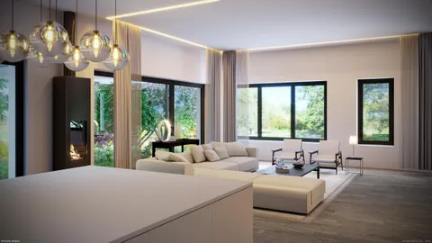 a bedroom with furniture a chandelier and a large window