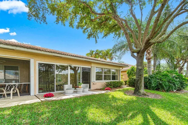 a garden view with a seating space