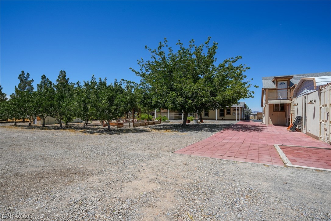 1831 West Horn Road Pahrump, NV 89048 - Photo 39 of 59 Mature trees and vibrant red pavers define this welcoming outdoor space, inviting peaceful enjoyment.