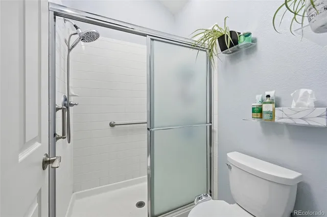 a bathroom with a shower and a toilet