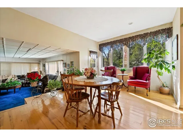 a dining room with furniture a rug and a large window