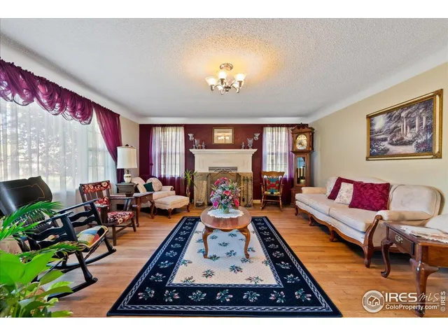 a living room with furniture a rug and a large window