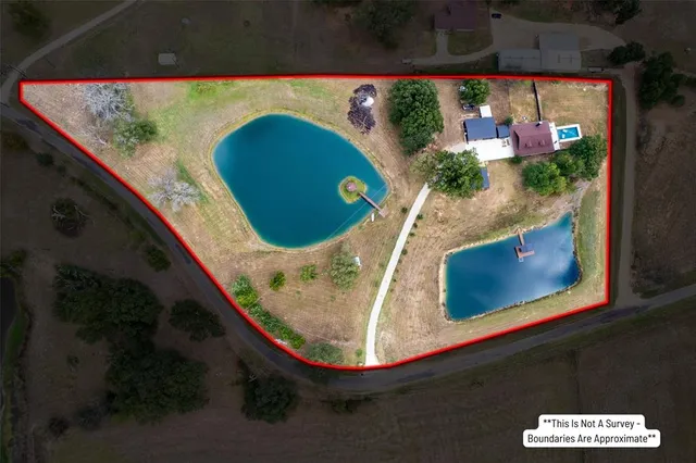 an aerial view of a swimming pool