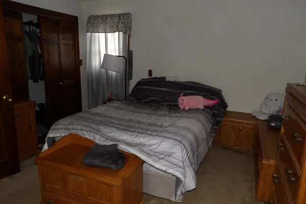 a bedroom with a bed and a closet