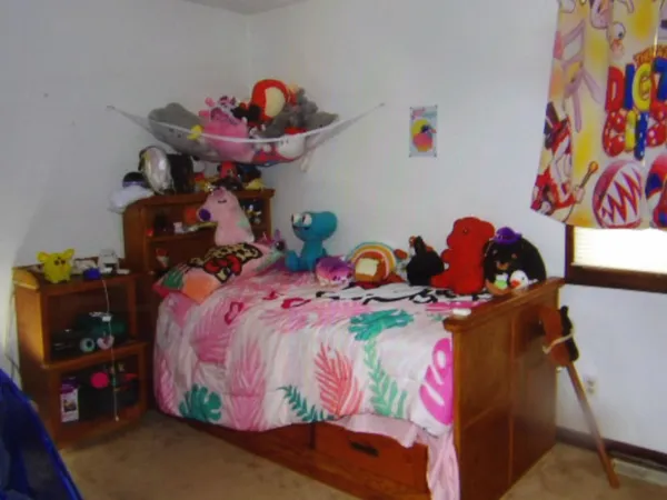 a bedroom with a bed and dresser