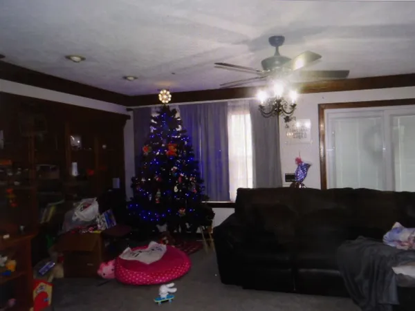 a living room with furniture flowers and a chandelier