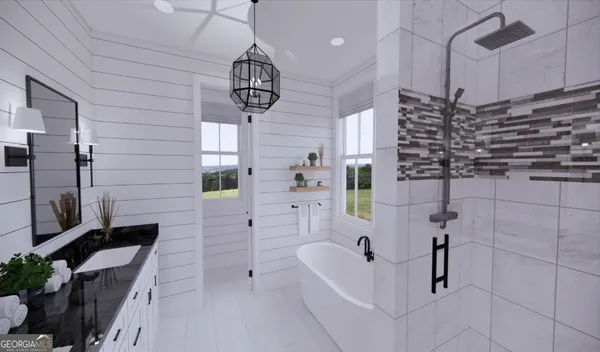 a bathroom with a bathtub and shower