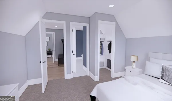 a spacious bedroom with a bed and a shower