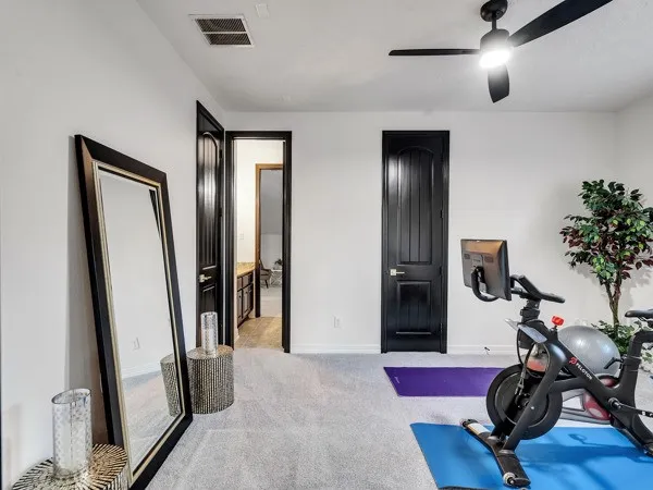 a room with gym equipment and a potted plant