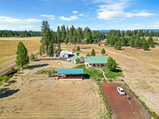 a view of a lake with a yard and large trees