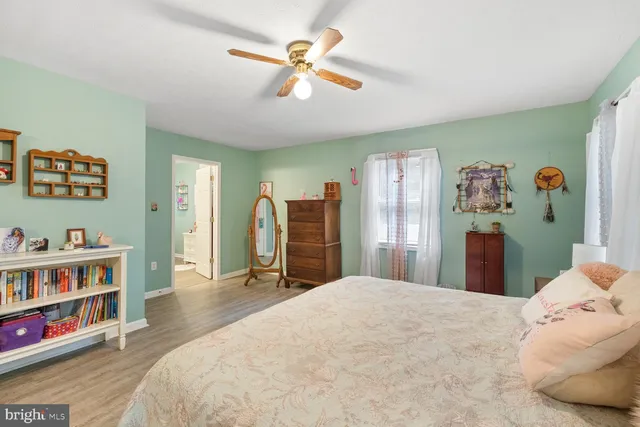 a view of a backyard with wooden fence and a large tree