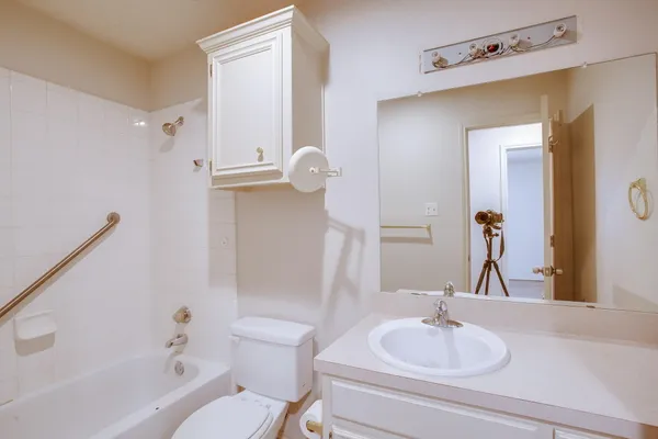a bathroom with a sink a toilet and shower