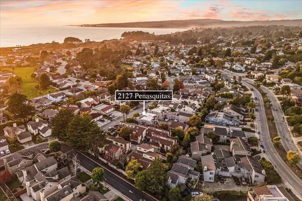 an aerial view of residential houses with city view