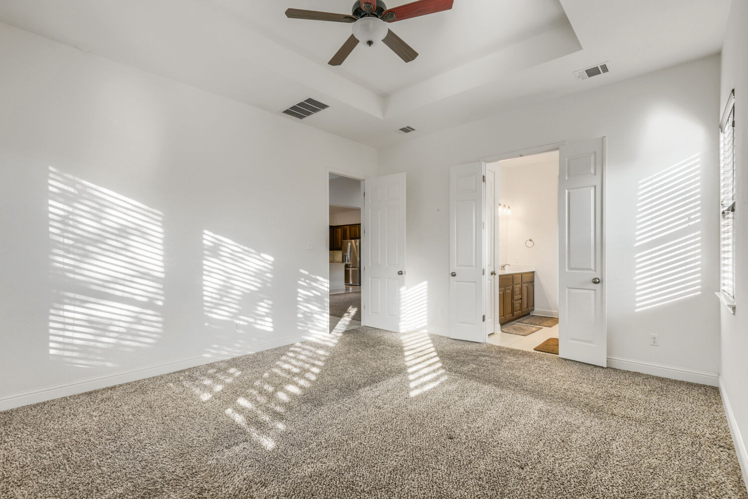 5821 Buchanan Draw Road Austin, TX 78738 - Photo 14 of 29 A well-lit bedroom features plush carpeting, a tray ceiling, and convenient access to a private bathroom.