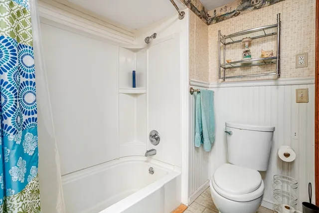 a white toilet sitting next to a bath tub