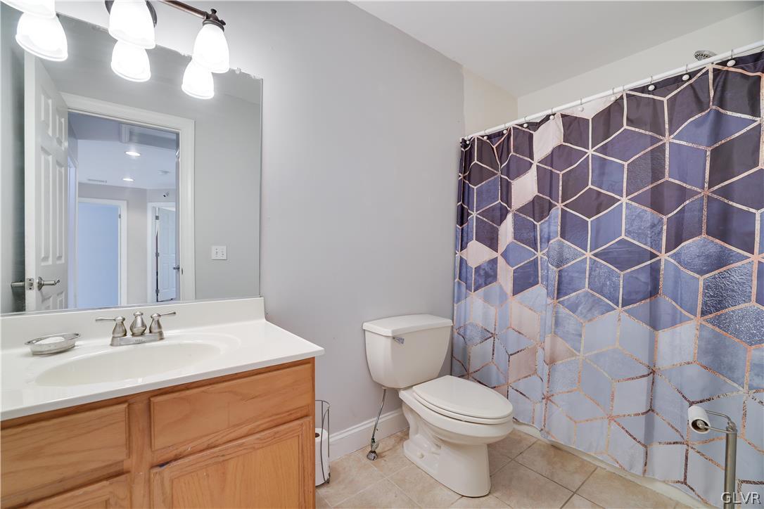 625 Buckle Boot Road Henryville, PA 18332 - Photo 32 of 40 a bathroom with a sink a toilet and shower curtain