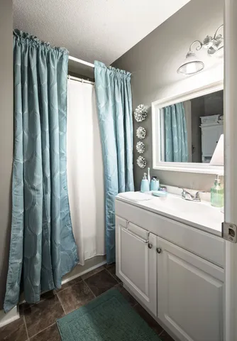a bathroom with a sink and a mirror