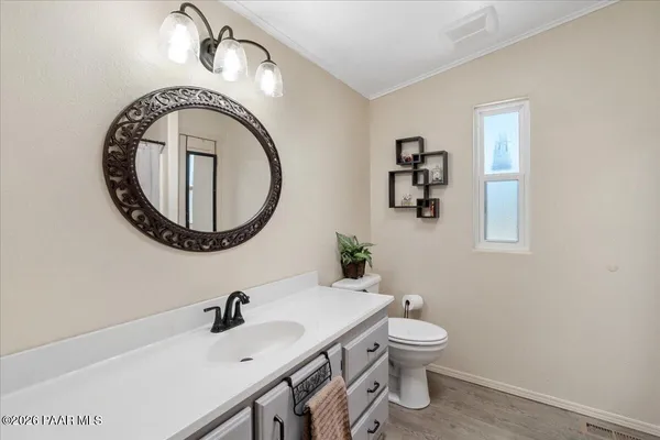 a bathroom with a sink a toilet and a mirror