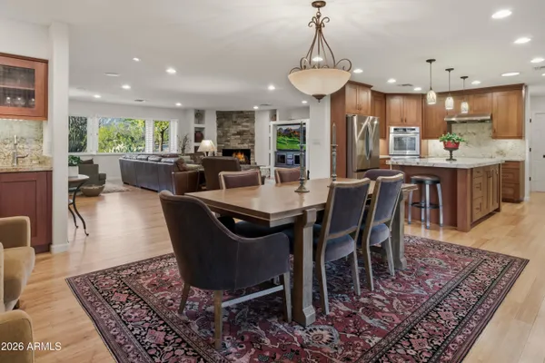 a view of a dining room with furniture