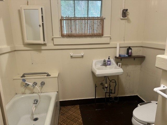 a bathroom with a sink a toilet and mirror