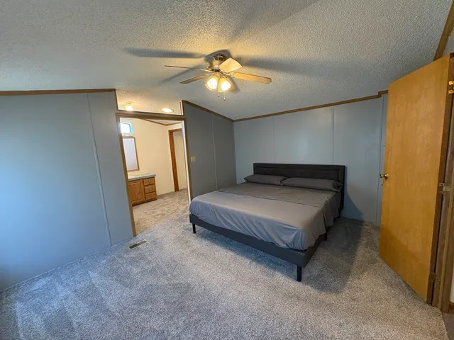 a bedroom with a bed and a ceiling fan