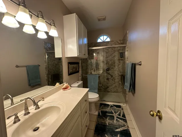a bathroom with a sink a toilet and shower