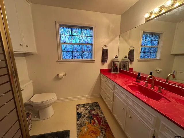 a bathroom with a sink toilet and a mirror