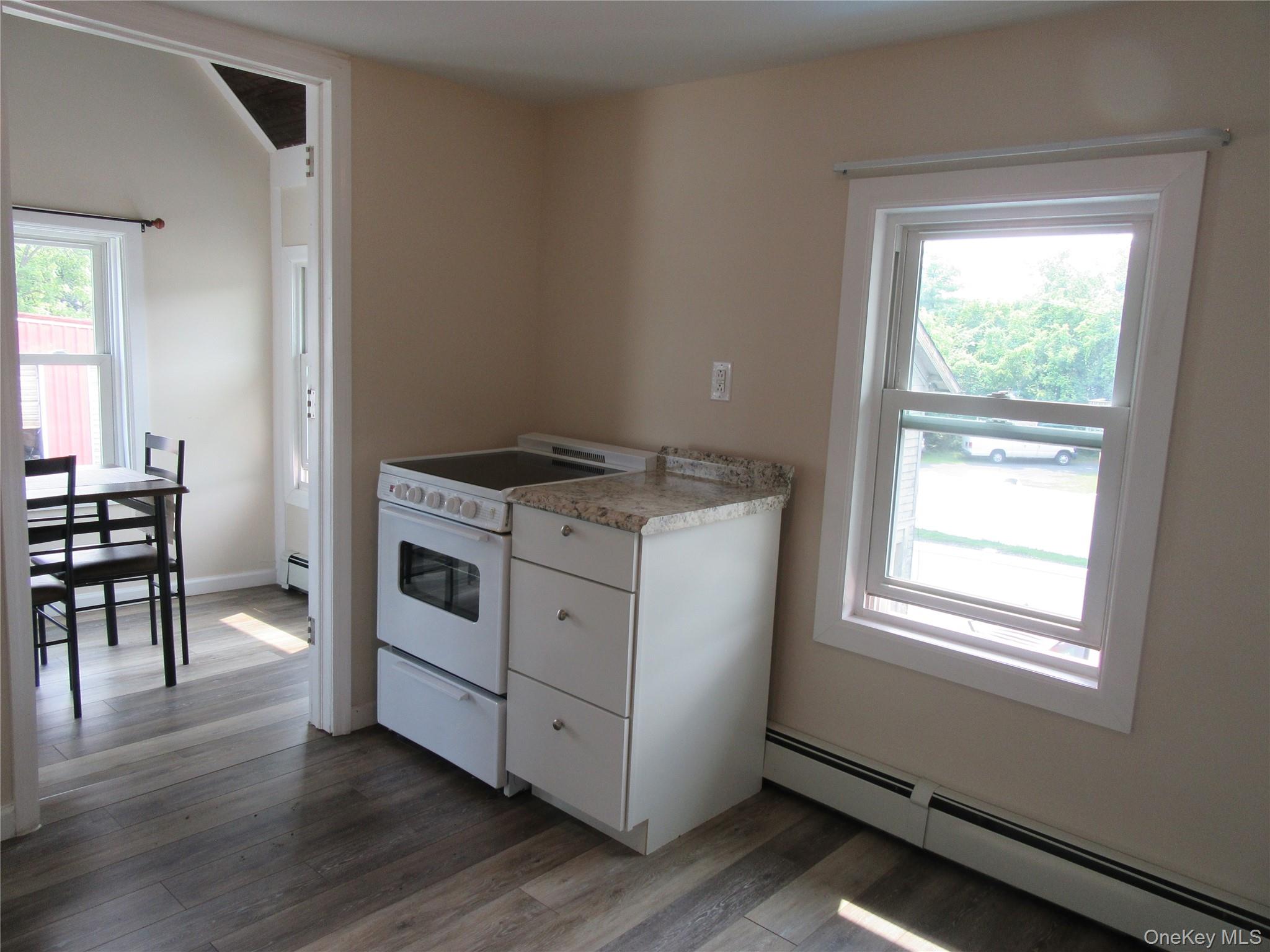 13 West Main Street, Unit 2A Washingtonville, NY 10992 - Photo 6 of 13 Kitchen with white electric range, a baseboard heating unit, dark wood-type flooring, and healthy amount of natural light