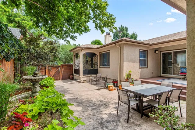 a garden view with a seating space