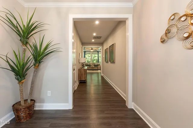 a hallway with a potted plant on a table and a potted plant