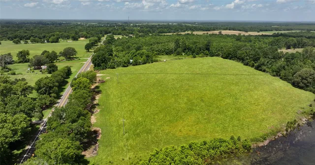 an aerial view of a residential houses with outdoor space and trees all around