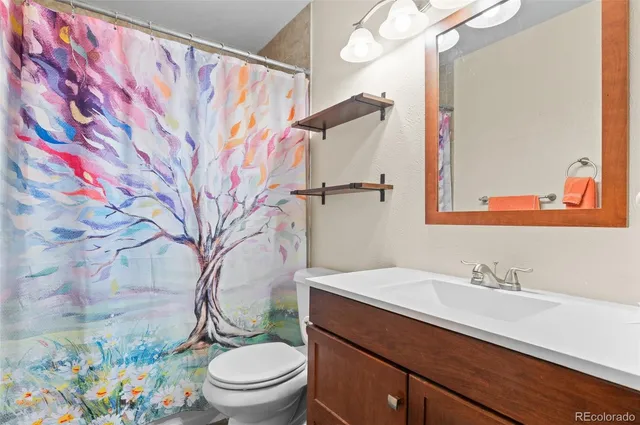 a bathroom with a sink toilet and shower curtain