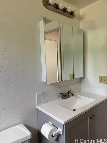 a bathroom with a sink toilet and mirror