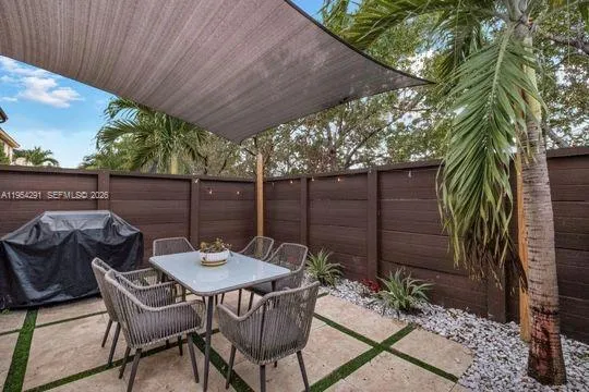 a view of a chairs and table in the patio