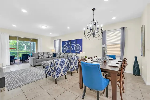 a view of a dining room with furniture window and outside view