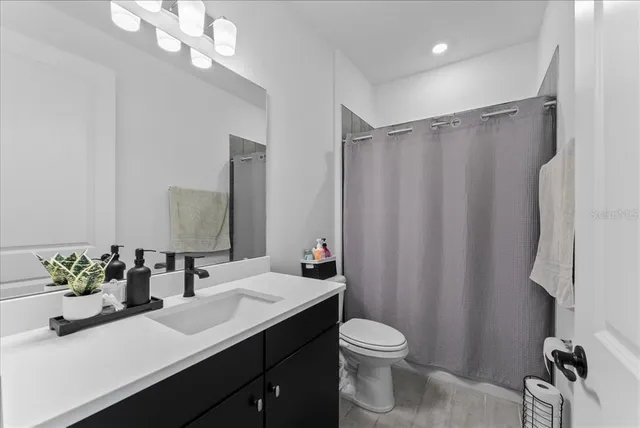 a bathroom with a sink a toilet a mirror and shower curtain