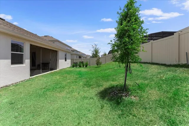 a backyard of a house with plants and large tree
